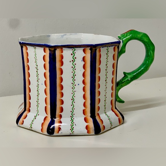 c. 1820 Antique Gaudy Welsh Octagonal Serpent Handle Harvest Cup Frog Mug - Picture 2 of 16